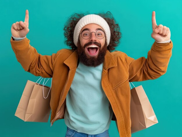 Photo excited shopper jumping with shopping bags modern style vibrant energy capture the joy of