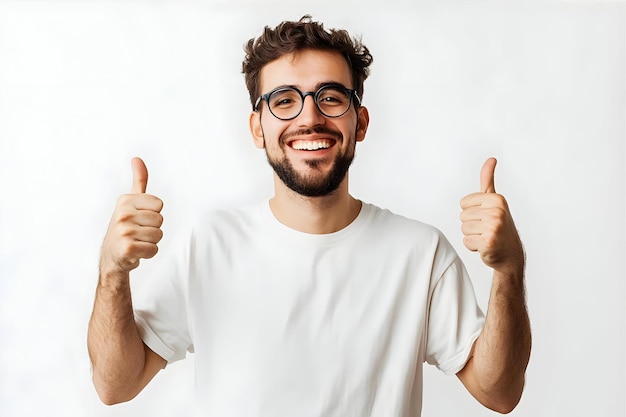 Photo excited smiling man shows thumbs up supportive like and praise something excellent good job well