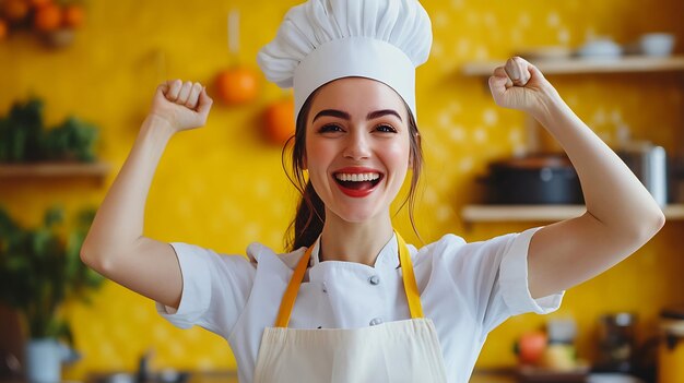 Photo excited smiling woman cook doing dance moves on camera cheerful happy person having generative ai