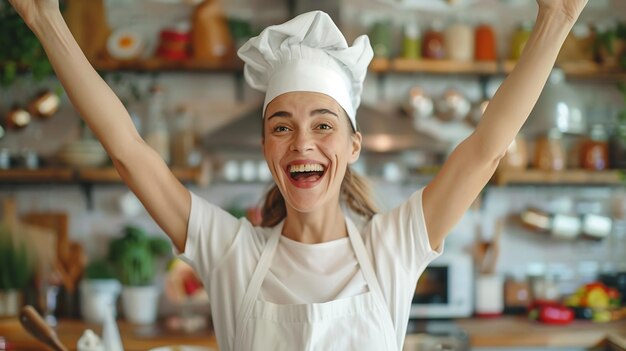 Photo excited smiling woman cook doing dance moves on camera cheerful happy person having generative ai