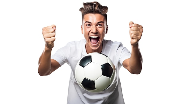 Photo excited soccer fan holding a ball