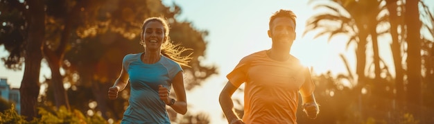 Photo excited sporty couple preparing for marathon in lush natural setting happiness and determination in action