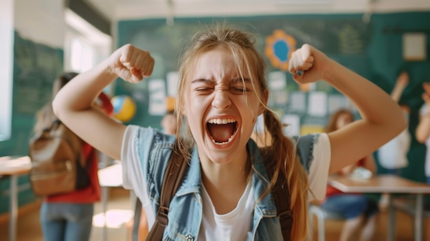 Excited Student Celebrating Success in Classroom A young female student in a classroom raises