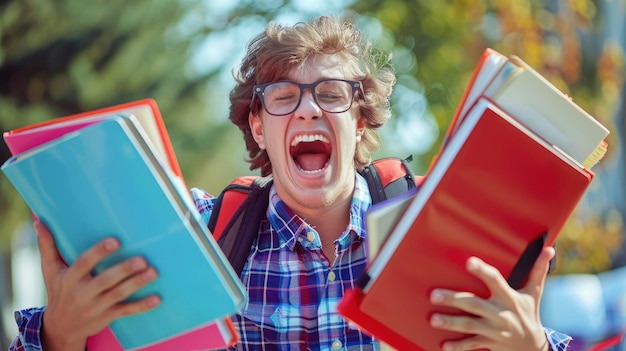 An Excited Student Laughed And Hugged Notebooks Filled With Enthusiasm For LearningHigh Resolution