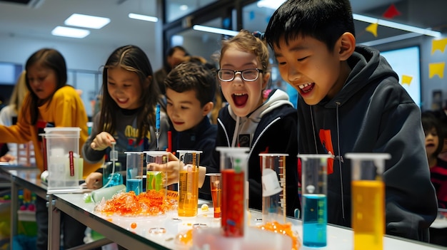 Excited Students Engaged in a Vibrant Science Fair with Colorful Experiments and Interactive