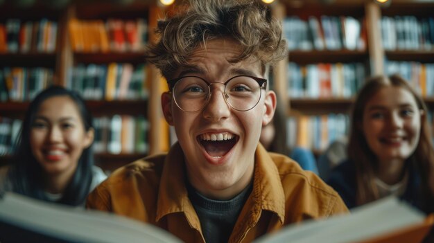 Photo excited students holding new books in a library setting back to school concept thrilled students