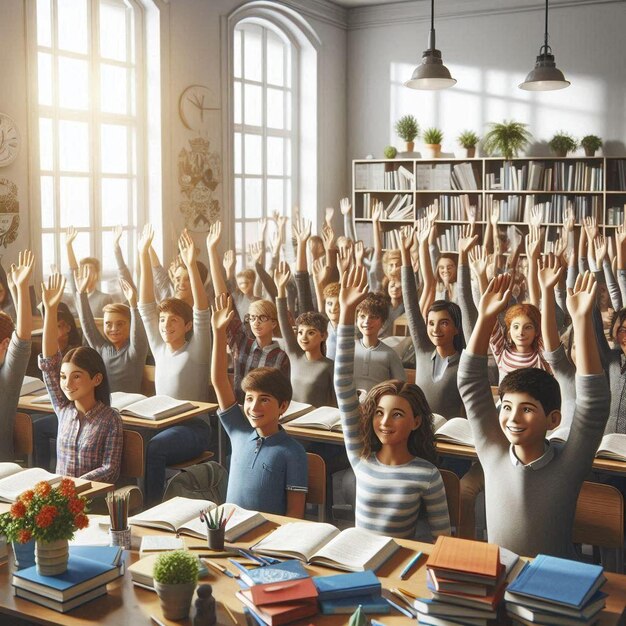 Photo excited students raising their hands in classroom