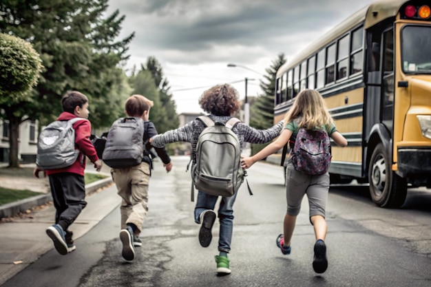 Photo excited students running and going to school