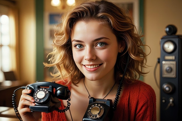 Photo excited teenage girl next to vintage retro phone retro teenage gossip