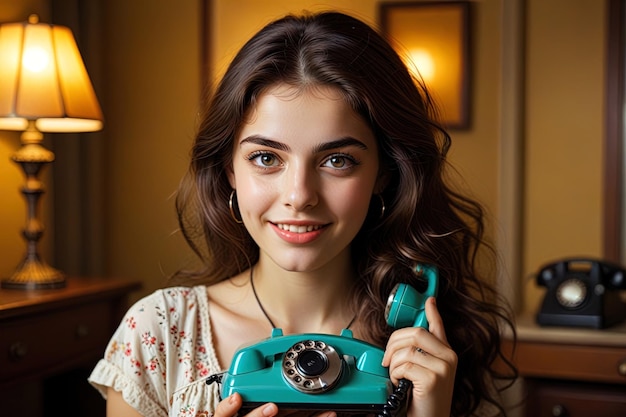 Photo excited teenage girl next to vintage retro phone retro teenage gossip