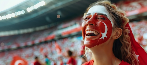 Photo excited turkey flag face painted sports fan with blurry stadium background