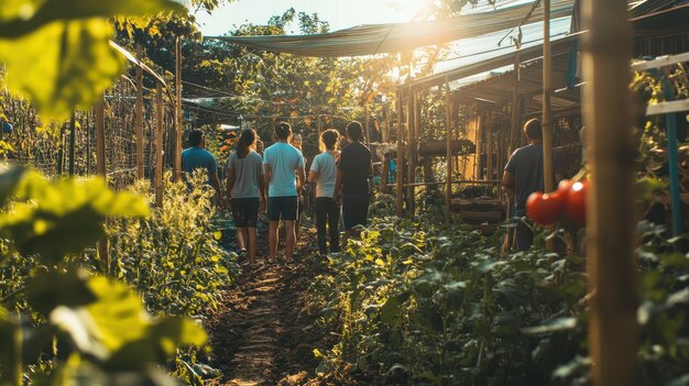 Photo excited visitors touring a local organic farm