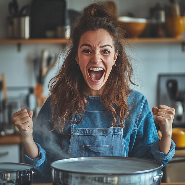 Photo excited woman celebrates success in the kitchen