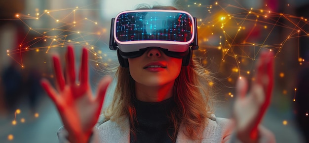 Photo excited woman explores virtual reality technology while waving hands amid floating data connections