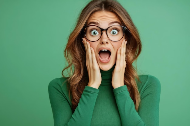 Photo an excited woman in a green turtleneck and glasses