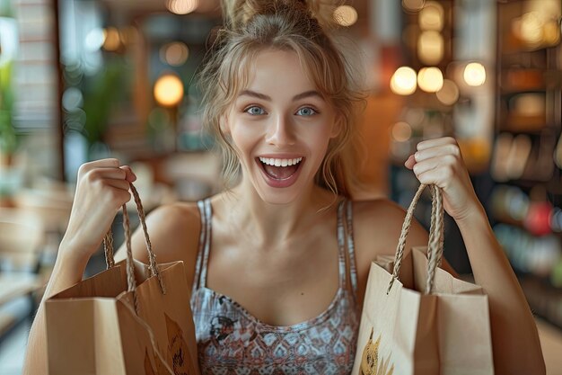 Photo excited woman holding shopping bags