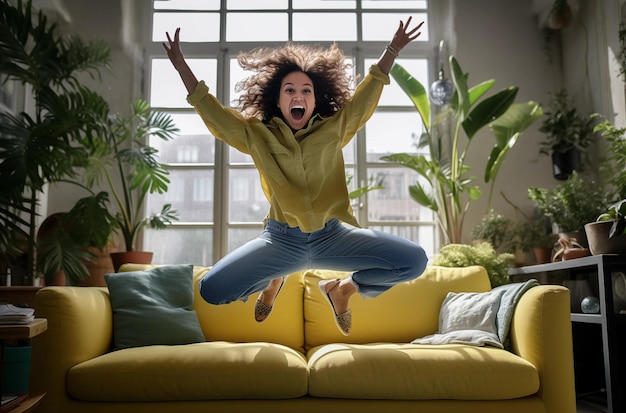 Photo excited woman jumping in the air on a yellow sofa in a brightly lit living room filled with green