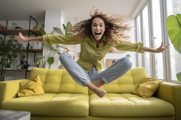 Photo excited woman jumping on a yellow sofa in a bright living room filled with plants and natural light