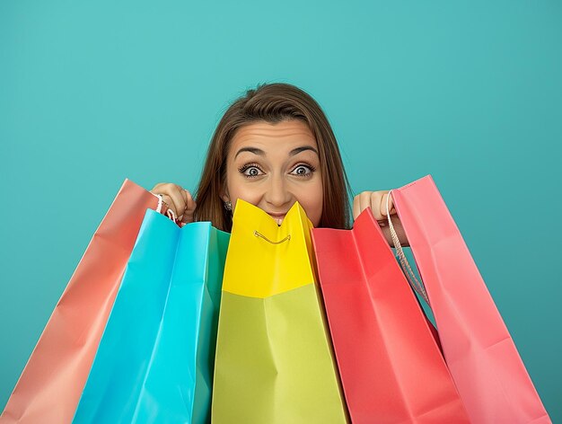 Photo excited woman peeking into her shopping bag