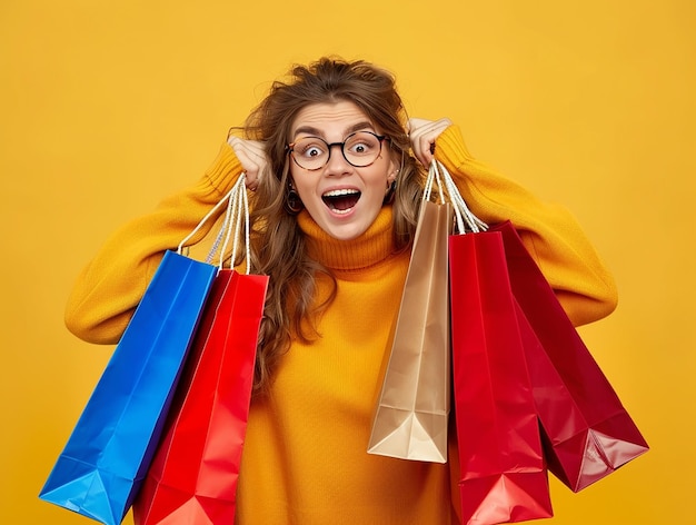 Photo excited woman peeking into her shopping bag