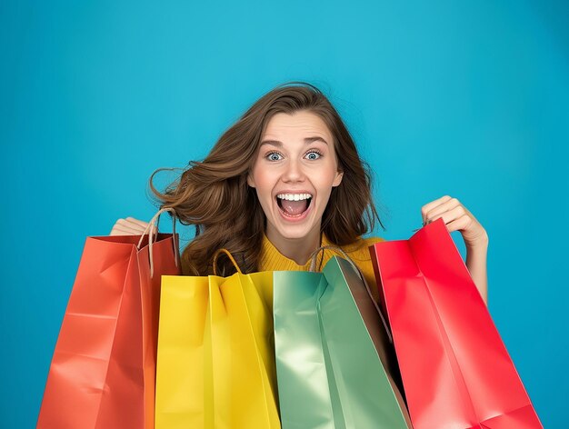 Photo excited woman peeking into her shopping bag