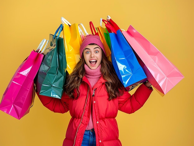 Photo excited woman peeking into her shopping bag