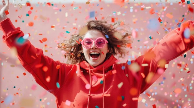 Photo excited woman in red hoodie and pink sunglasses surrounded by colorful confetti