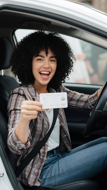 Photo excited woman sitting in her car and showing new driver license celebrating driving school finish