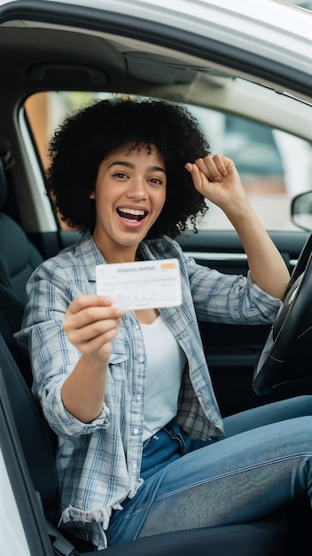 Photo excited woman sitting in her car and showing new driver license celebrating driving school finish