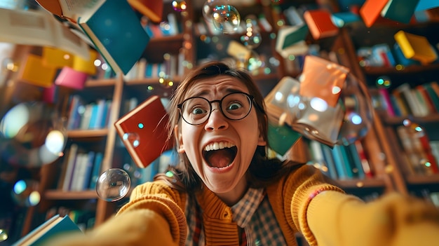 Photo excited woman surrounded by floating books and bubbles in a colorful library