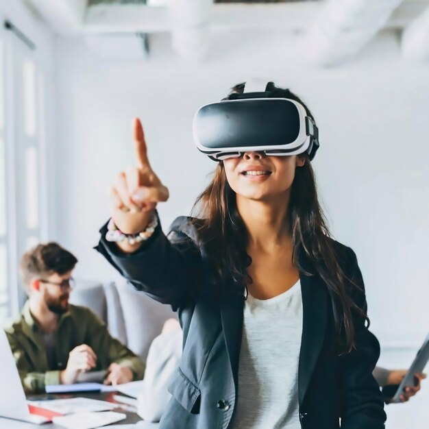 Excited woman wearing virtual reality testing new metaverse in office