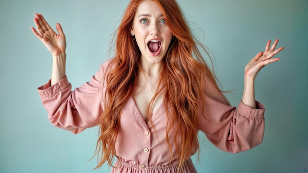 Photo excited woman with open mouth raising hands in excitement