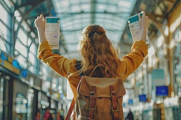 Excited woman with passport at airport travel documents flight schedule backpack person searching fo