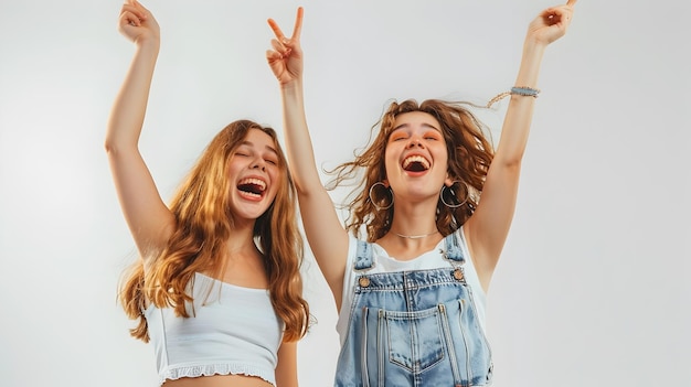 Photo excited women pointing upwards with casual attire on white background