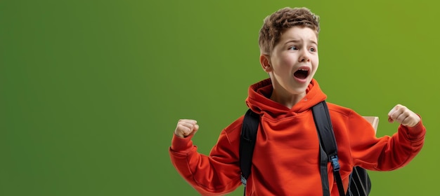 Photo excited young boy in red hoodie with science project against green background education concept