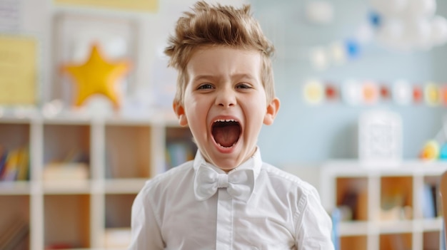 Excited Young Boy Shouting with Joy in Classroom A young boy in a white shirt with a bow tie