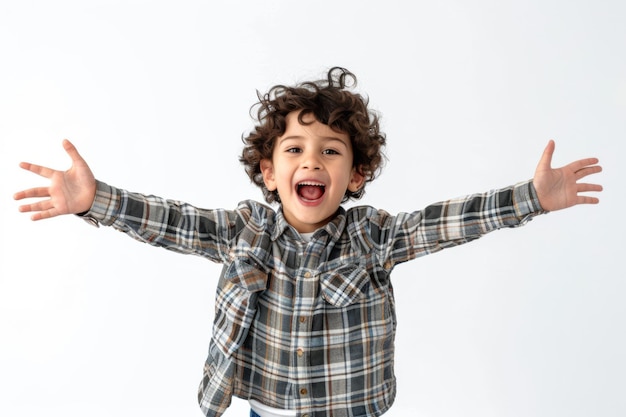 Photo excited young boy with open arms