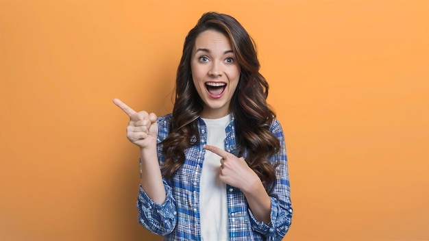 Excited young caucasian lady pointing