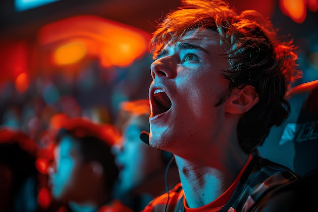 Excited young gamer in a red lit esports arena