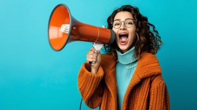 Photo excited young girl shouts through megaphone vibrant neon background