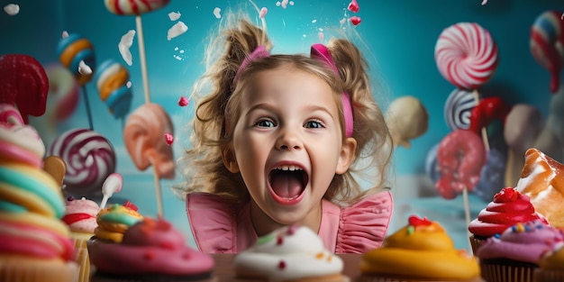 Excited young girl surrounded by flying sweets and candies a magical candy wonderland captured colorful confectionery delights AI