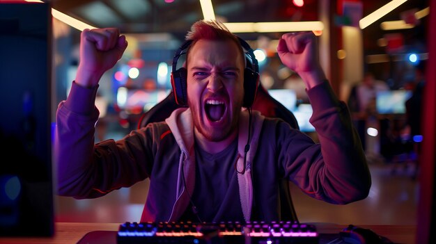 Photo excited young man celebrating victory in online computer game