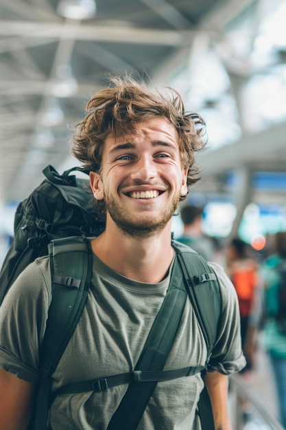 Photo excited young man solo traveler with backpack in airport terminal embodies backpacker spirit