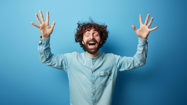 Photo excited young man with wild hair expressing joy on blue background