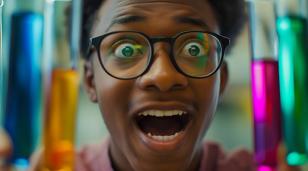 Excited Young Scientist Looking Through Test Tubes