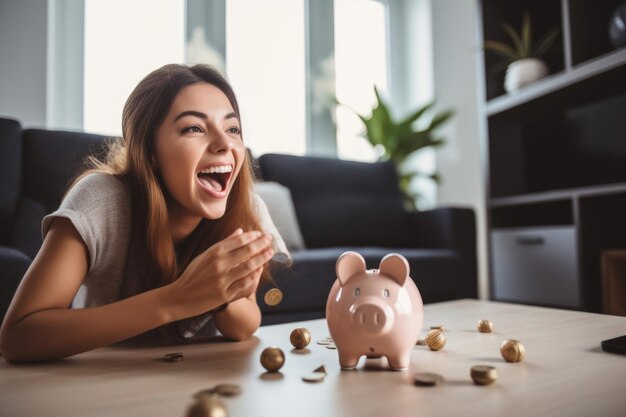 Excited young woman collecting coins from a piggybank at home created with generative ai