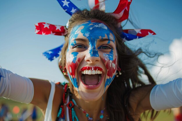 Excited young woman is celebrating with usa flag face paint and having fun outdoors