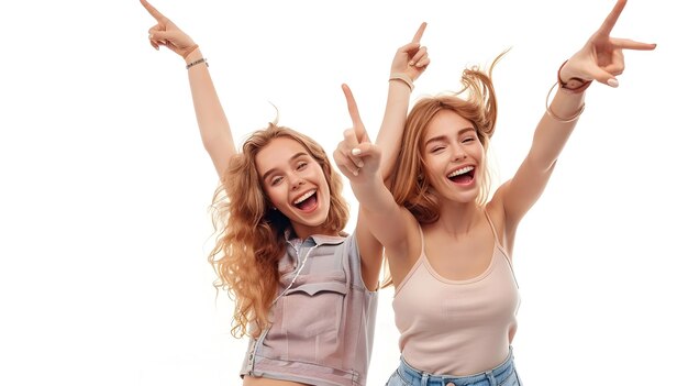 Photo excited young women pointing up with enthusiasm in casual wear