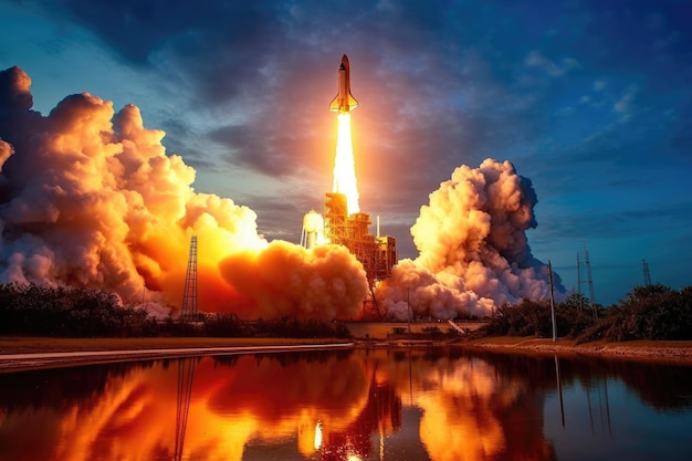 The excitement and wonder of a new space rocket lift off with a close up view Generative AI