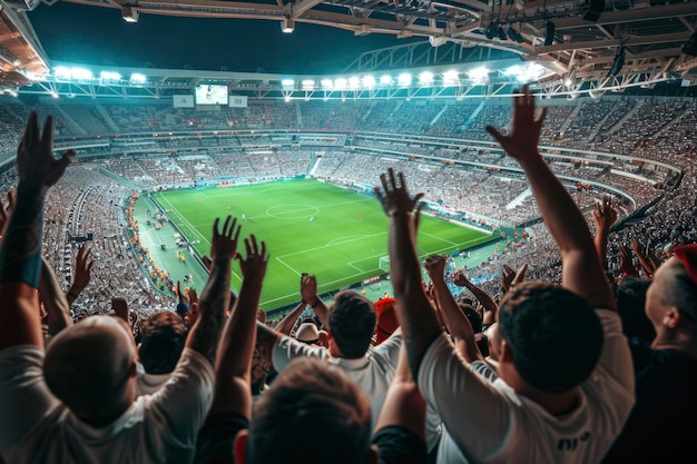 Exciting atmosphere english fans cheer and celebrate in stadium stands during soccer game capturing enthusiasm passion of supporters creatinga vibrant energetic scene filled with national pride